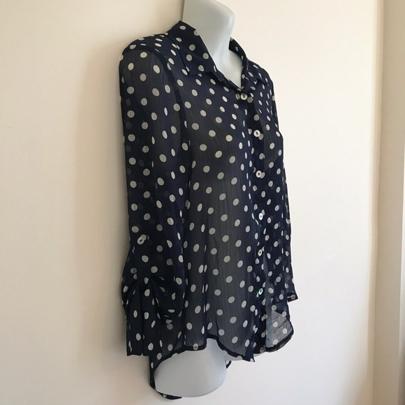 High Low Sheer Polka Dot Button Up Top Shirt Size Small - Picture 2 of 5